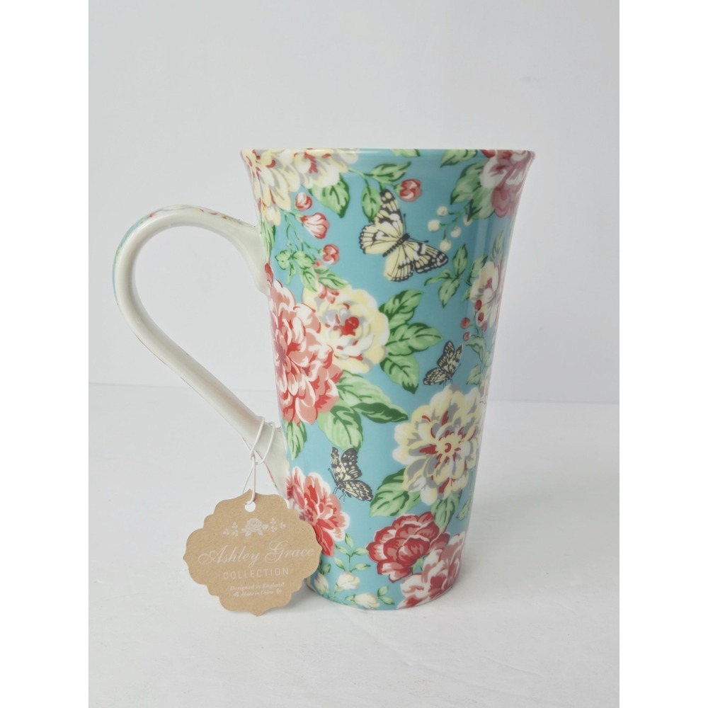 New Kent Pottery Ashley Grace floral Latte Coffee Mug 20oz butterfly blue